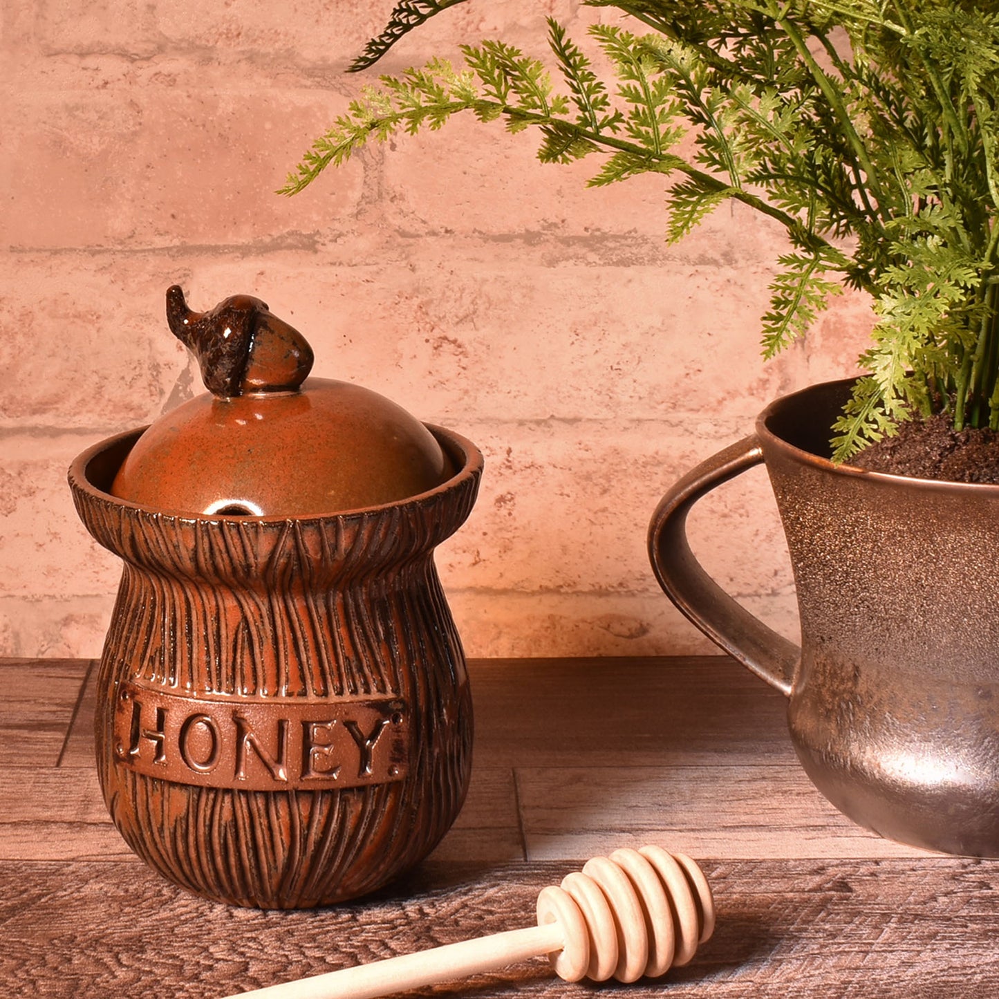 MudWorks Pottery Honey Jar, Carved Wood Pattern with Acorn Knob Lid and Dipper