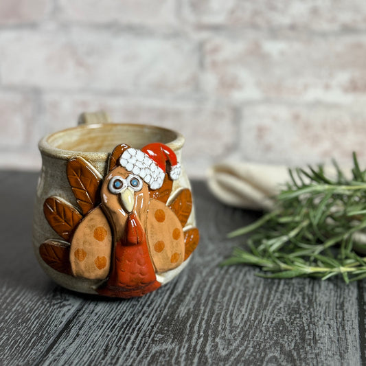 Christmas Turkey with Santa Cap Coffee Mug by MudWorks Pottery, Handmade in the USA