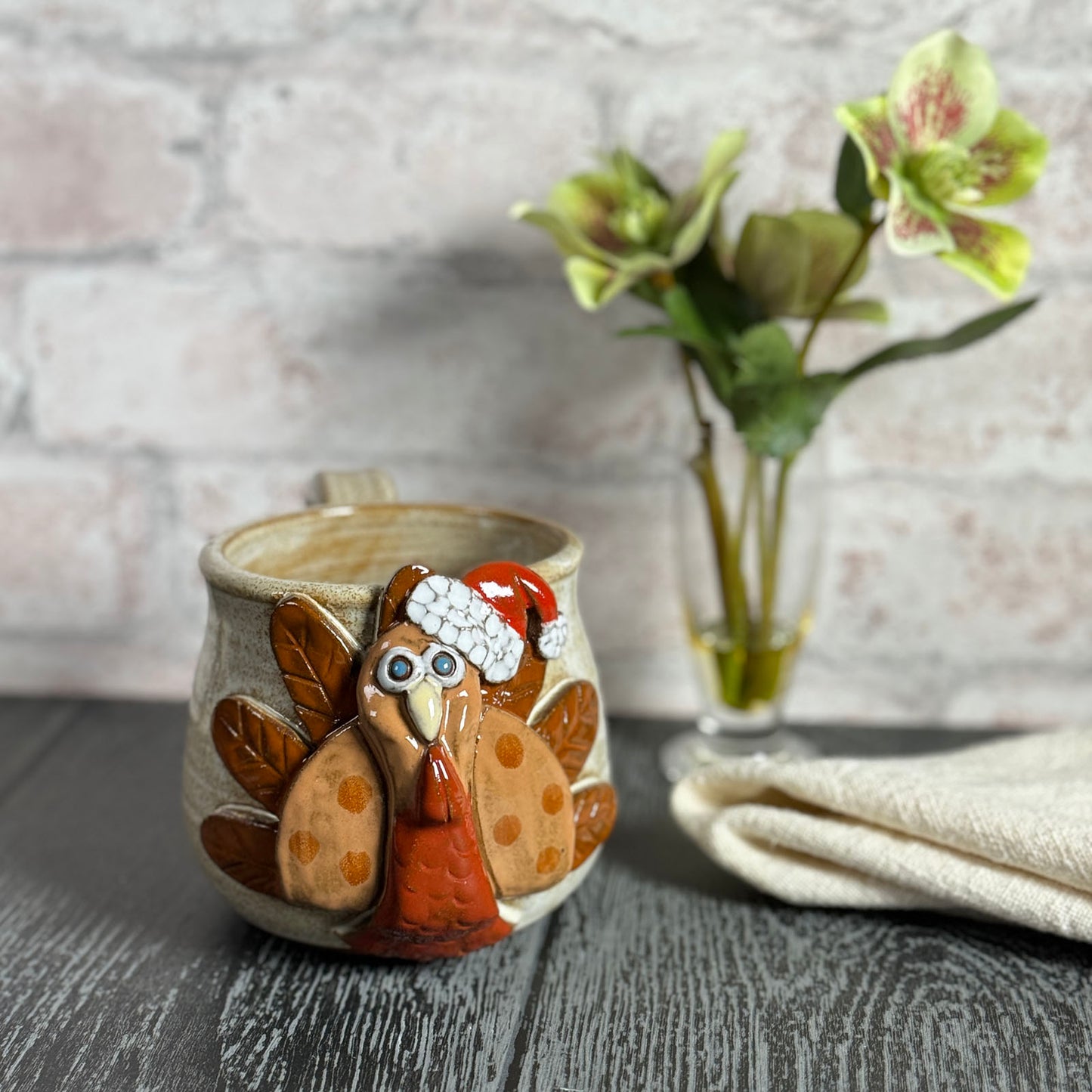 Christmas Turkey with Santa Cap Coffee Mug by MudWorks Pottery, Handmade in the USA