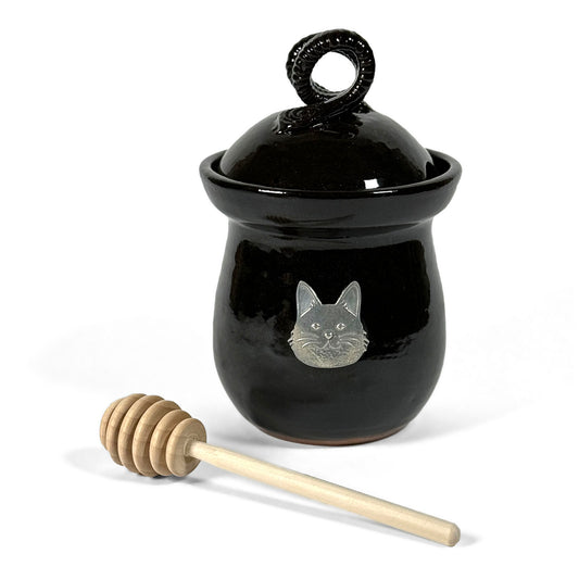 American Handmade Honey Jar with Cat Face Pewter Plaque by MudWorks Pottery, Black