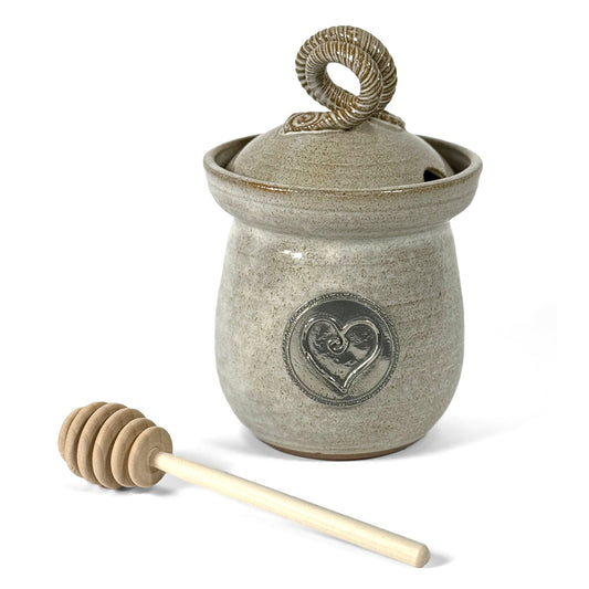 American Handmade Honey Jar with Heart Motif Pewter Plaque by MudWorks Pottery, Sandstone Beige