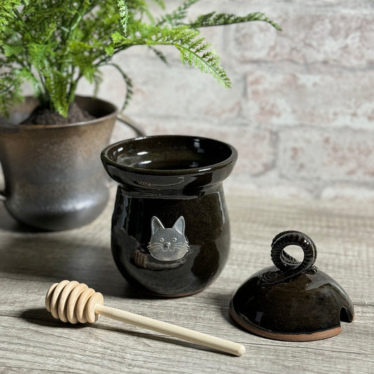American Handmade Honey Jar with Cat Face Pewter Plaque by MudWorks Pottery, Black