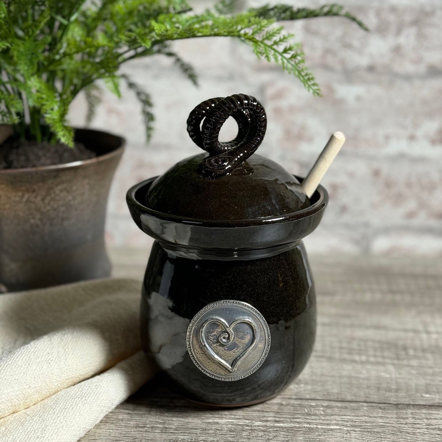 American Handmade Honey Jar with Heart Motif Pewter Plaque by MudWorks Pottery, Black