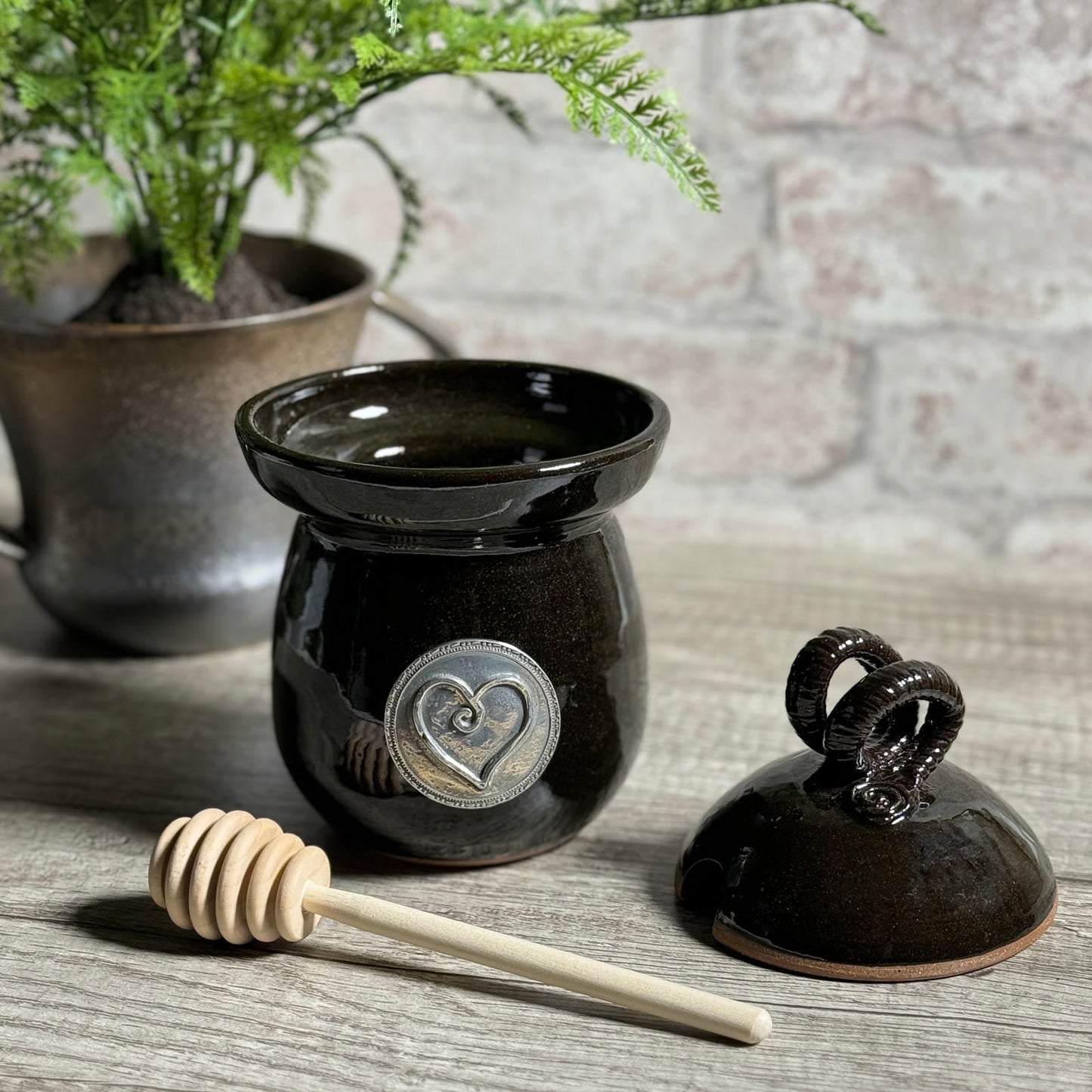 American Handmade Honey Jar with Heart Motif Pewter Plaque by MudWorks Pottery, Black