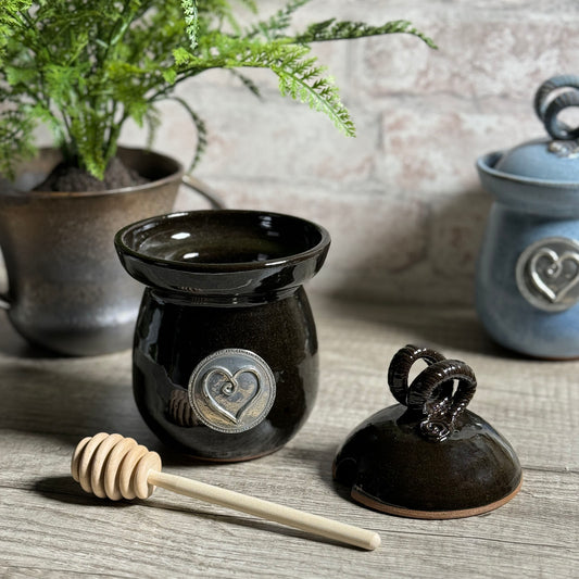 American Handmade Honey Jar with Heart Motif Pewter Plaque by MudWorks Pottery, Black