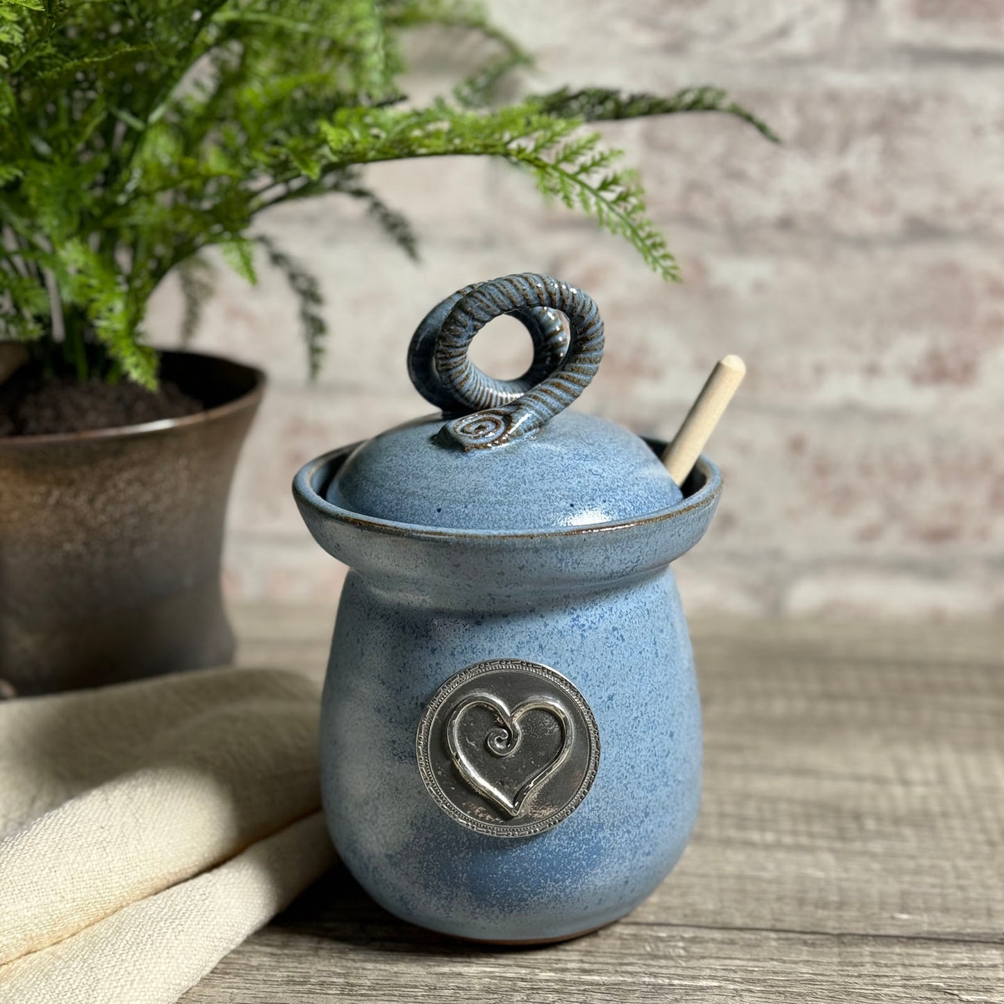 American Handmade Honey Jar with Heart Motif Pewter Plaque by MudWorks Pottery, Barrington Blue