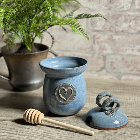 American Handmade Honey Jar with Heart Motif Pewter Plaque by MudWorks Pottery, Barrington Blue