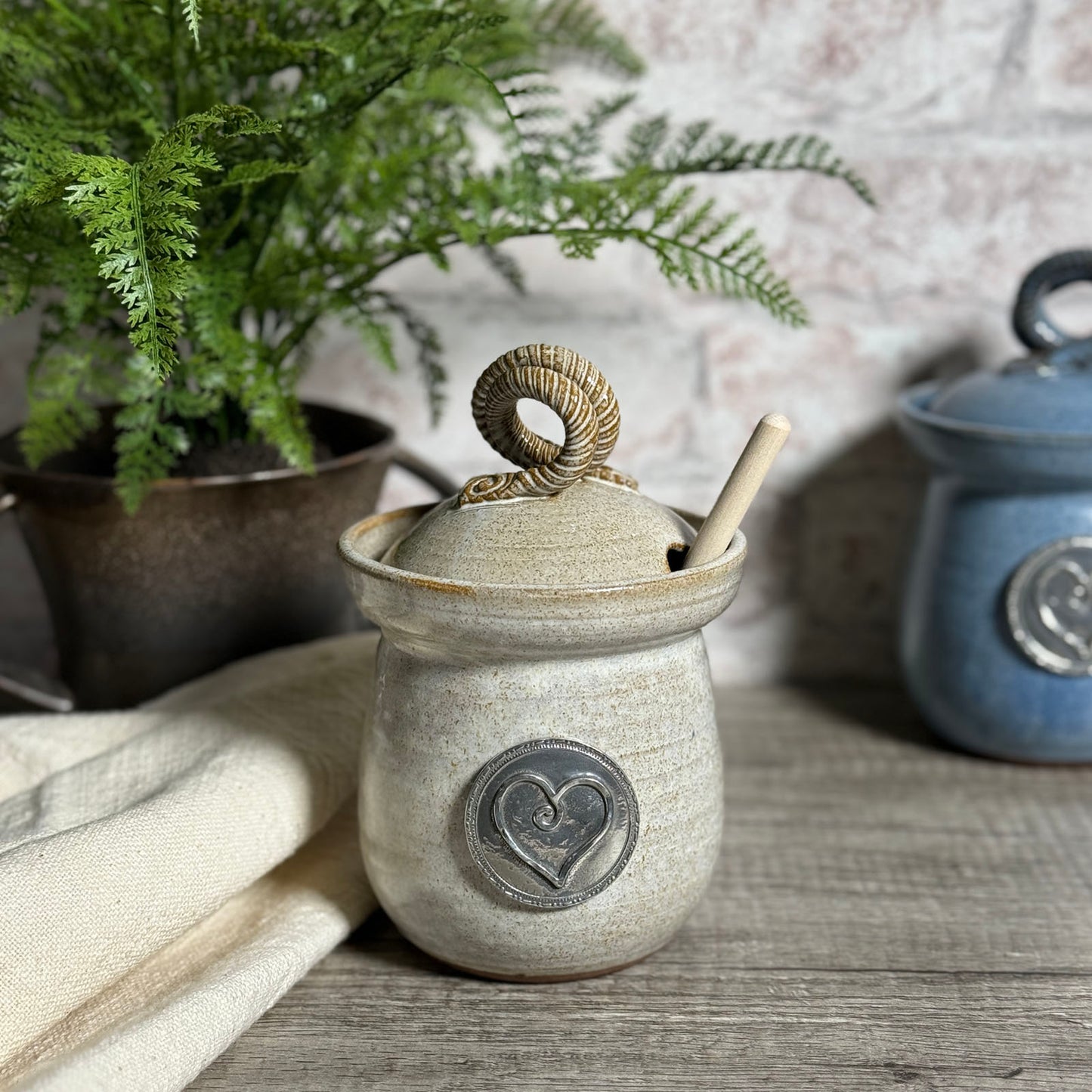 American Handmade Honey Jar with Heart Motif Pewter Plaque by MudWorks Pottery, Sandstone Beige