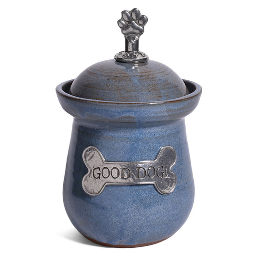 American Handmade Good Dog! Small Treat Jar with Pewter Plaque and Paw Print Finial by MudWorks Pottery, Barrington Blue
