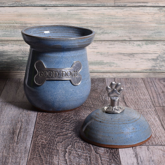 American Handmade Good Dog! Small Treat Jar with Pewter Plaque and Paw Print Finial by MudWorks Pottery, Barrington Blue