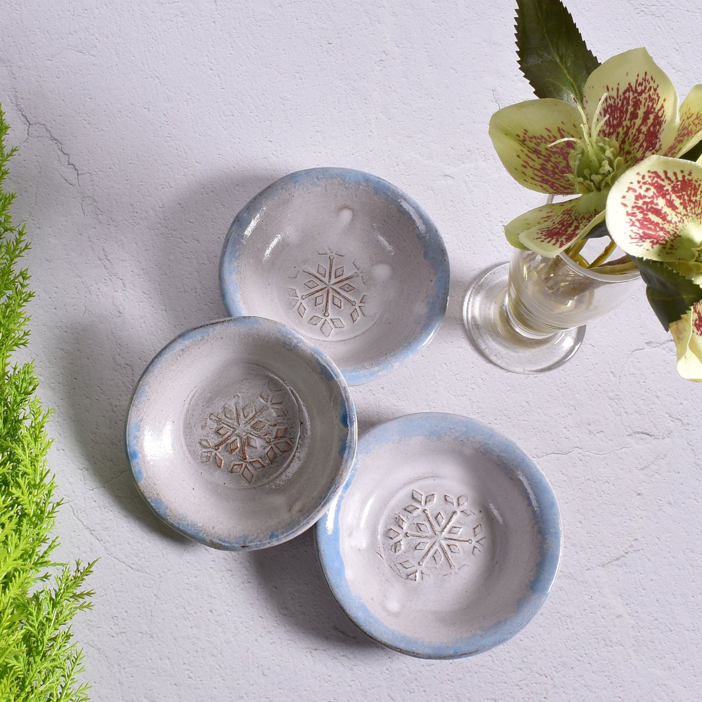 Snowflake Tea Bag Coasters by MudWorks Pottery, Blue and White, Set of 3, Handmade in the USA