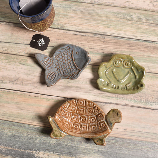 Fish, Frog, and Turtle Teabag Coasters by MudWorks Pottery, Set of 3