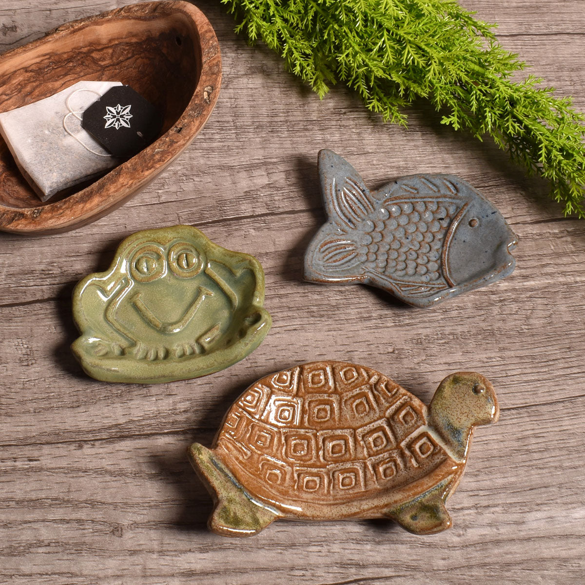 Fish, Frog, and Turtle Teabag Coasters by MudWorks Pottery, Set of 3