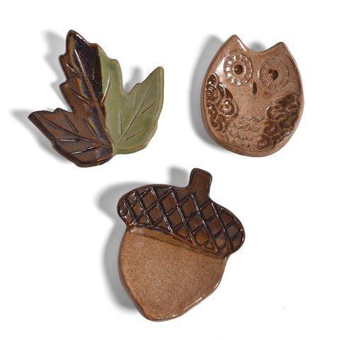 Acorn, Maple Leaf, and Owl Woodland Teabag Coasters by MudWorks Pottery, Set of 3