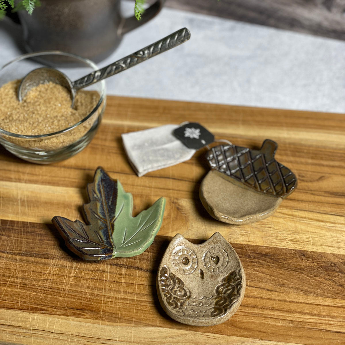 Acorn, Maple Leaf, and Owl Woodland Teabag Coasters by MudWorks Pottery, Set of 3