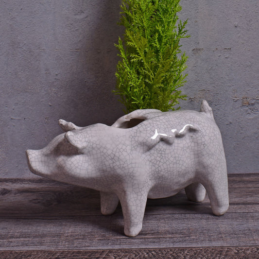 Naomi Nickerson Ceramics Small Winged Pig Planter, Crackle White