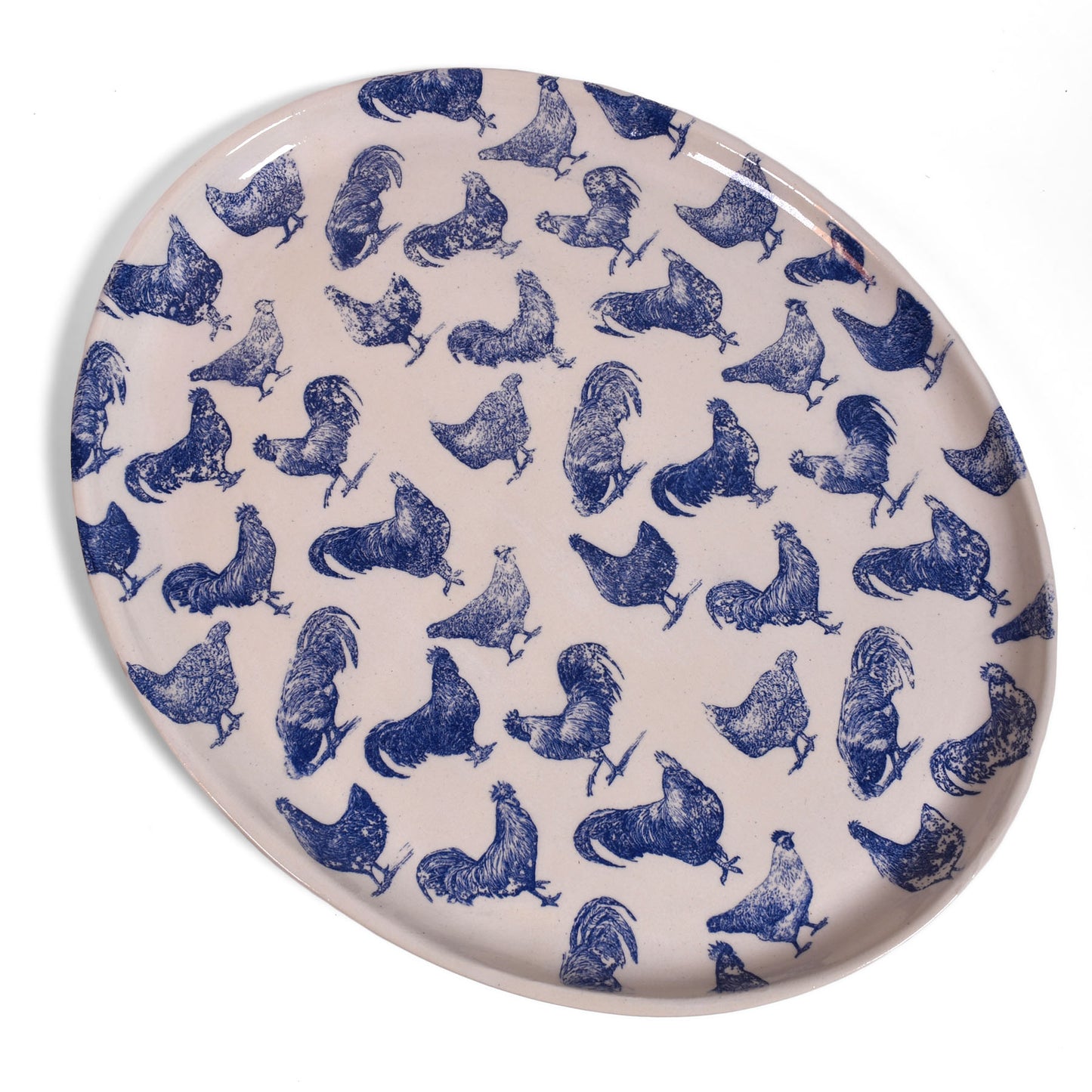 Nori's Wishes Studio Vintage Chickens Large Oval Platter, Blue/White