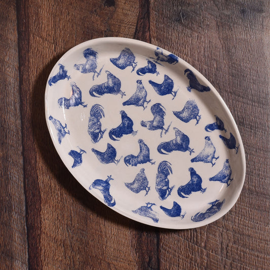 Nori's Wishes Studio Vintage Chickens Small Oval Platter, Blue/White