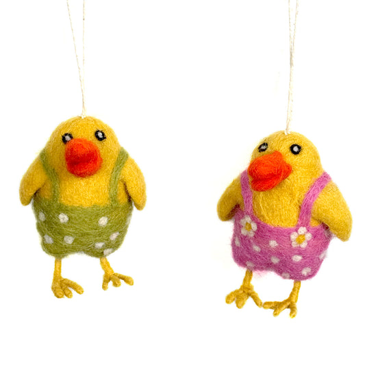 Fair Trade Easter Chick in Overalls Felted Wool Ornament, Set of 2 (Pink, Green)