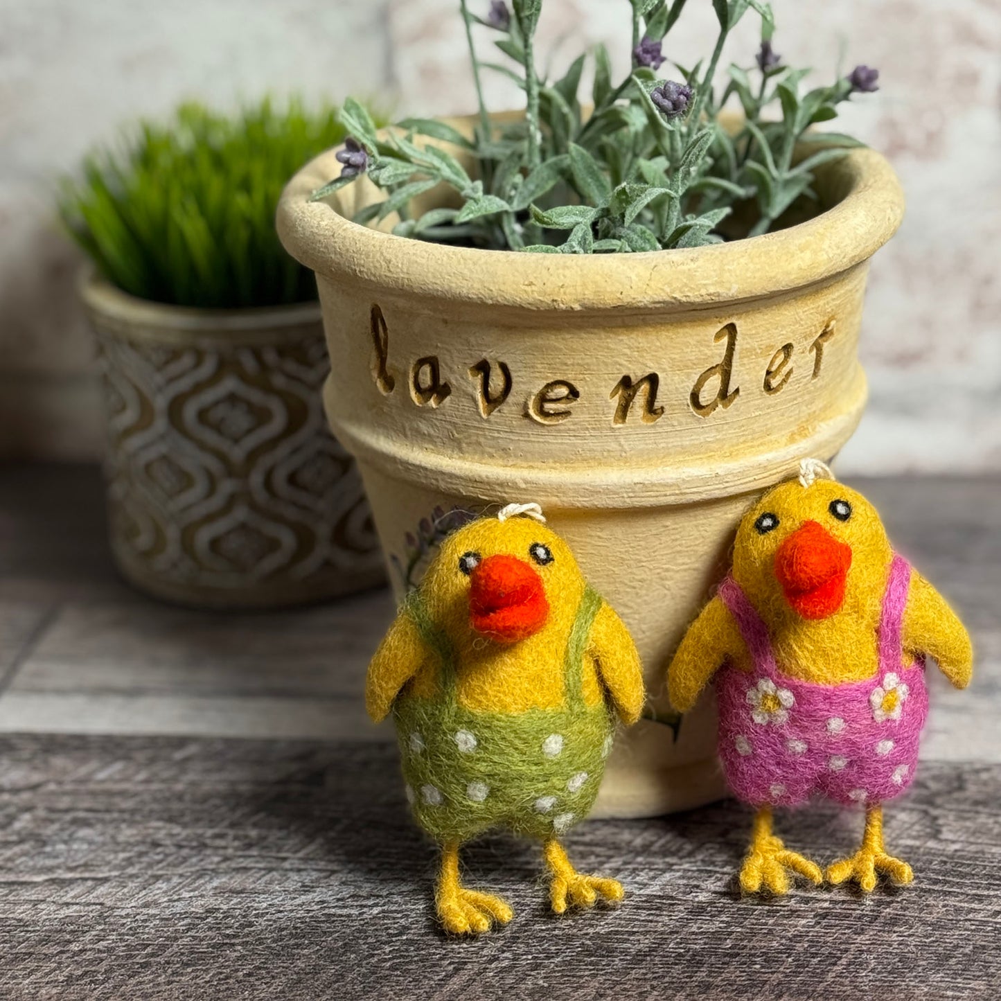 Fair Trade Easter Chick in Overalls Felted Wool Ornament, Set of 2 (Pink, Green)