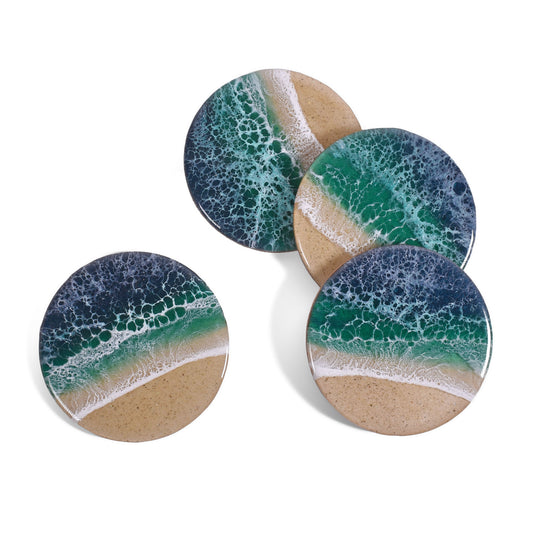 Sea Lion Studio Ocean Wave 4-piece Coaster Set, Emerald, Handmade in the USA
