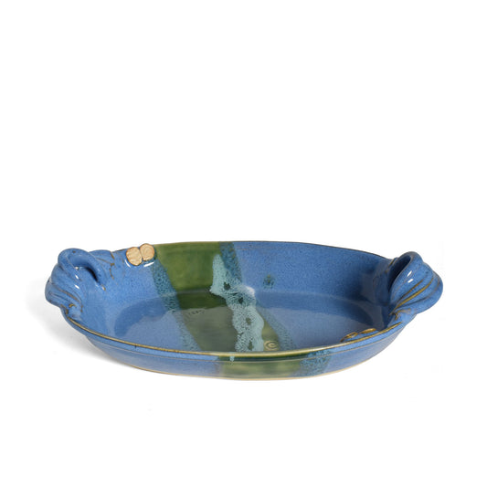 Handmade American Pottery Oval Baking Dish, Light Blue and Green