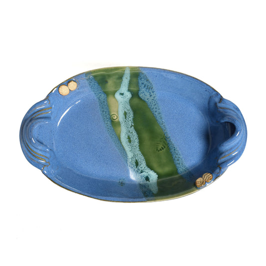 Handmade American Pottery Oval Baking Dish, Light Blue and Green