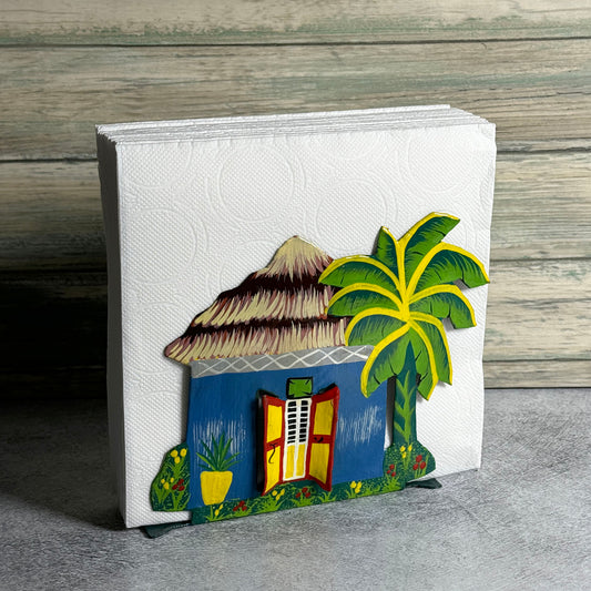 Handmade Tropical House Napkin Holder, Fair Trade Repurposed Steel Drum Art from Haiti