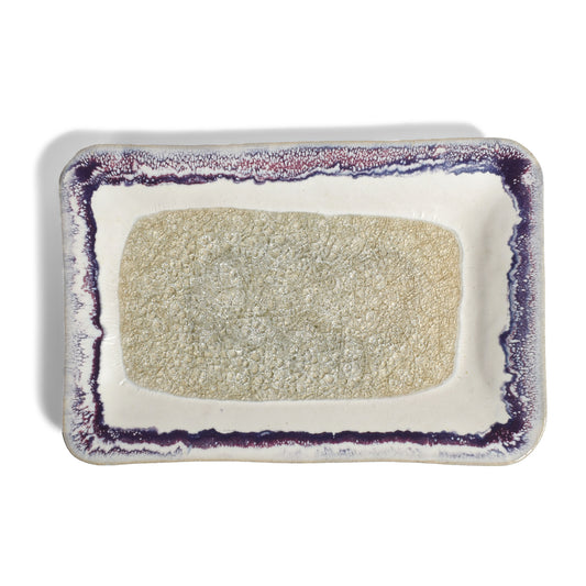 American Handmade 6"x 9" Rectangular Stoneware Tray with Crackled Fused Glass by Dock 6 Pottery, Purple Rose