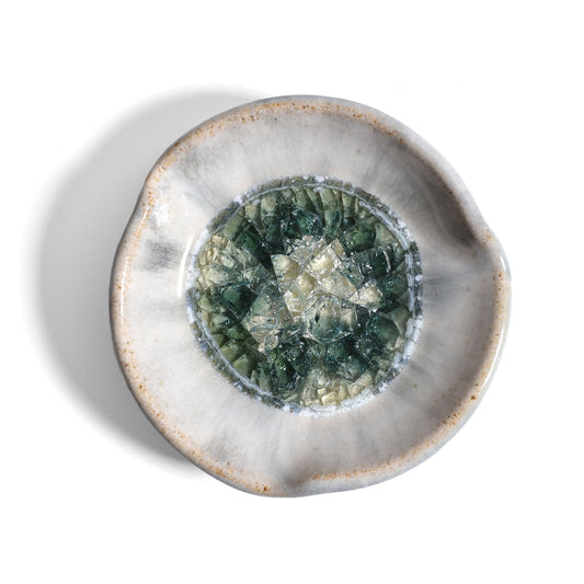 Handmade 4-1/2" Rippled Rim Trinket Dish with Crackled Fused Glass by Dock 6 Pottery, Ash, Each One Unique