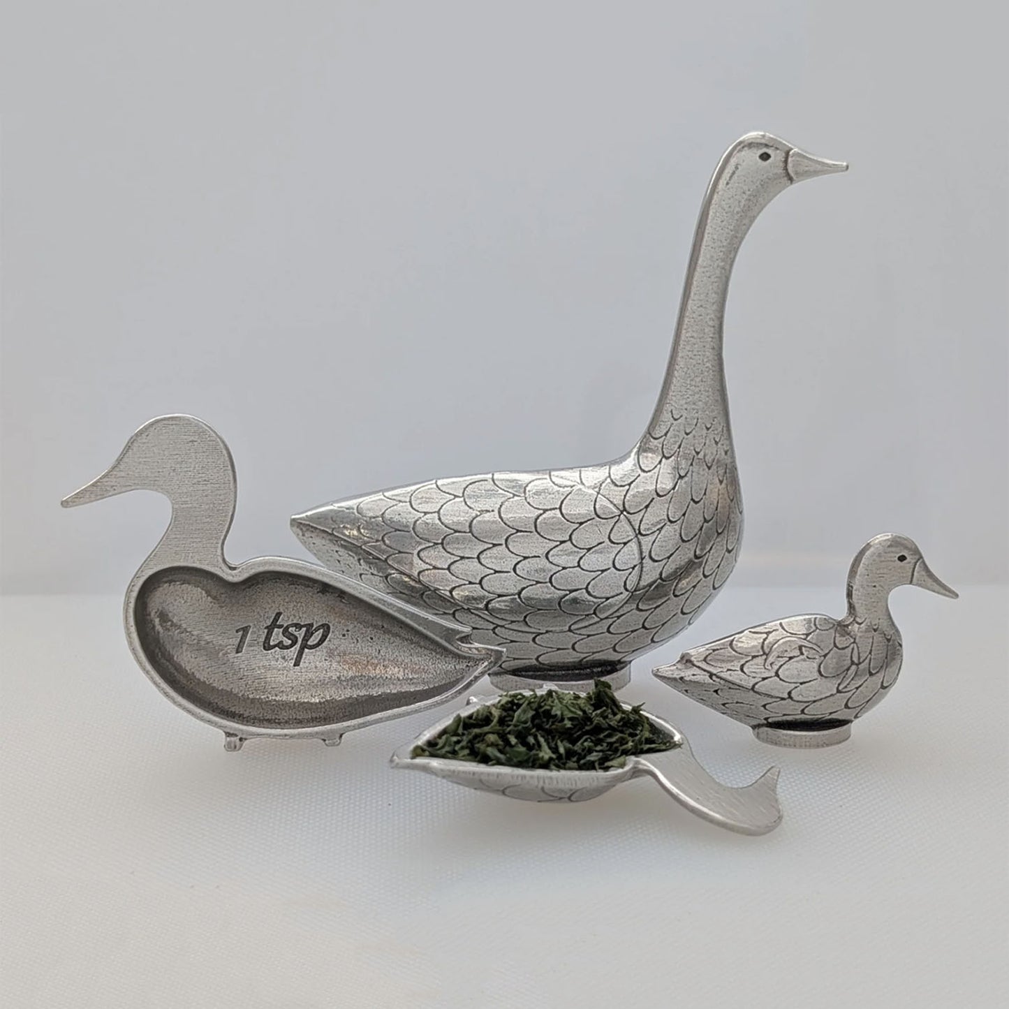 Duck Duck Goose 4-Piece Pewter Measuring Spoon Set by Roosfoos, Handmade in the USA