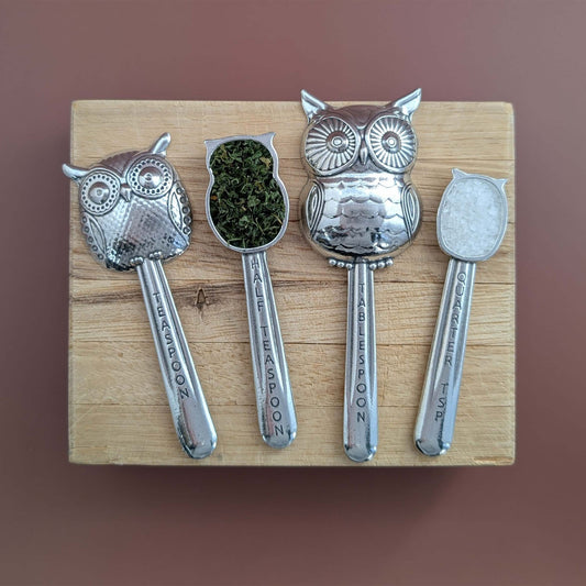 Owls 4-Piece Pewter Measuring Spoon Set by Roosfoos, Handmade in the USA