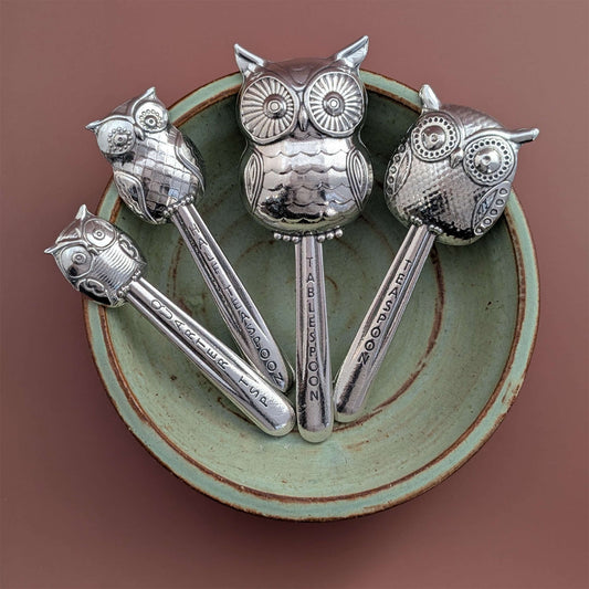Owls 4-Piece Pewter Measuring Spoon Set by Roosfoos, Handmade in the USA