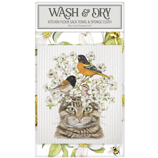 Mary Lake-Thompson Cat and Dogwood Blossoms Wash and Dry 2-piece Sponge Cloth and Towel Set