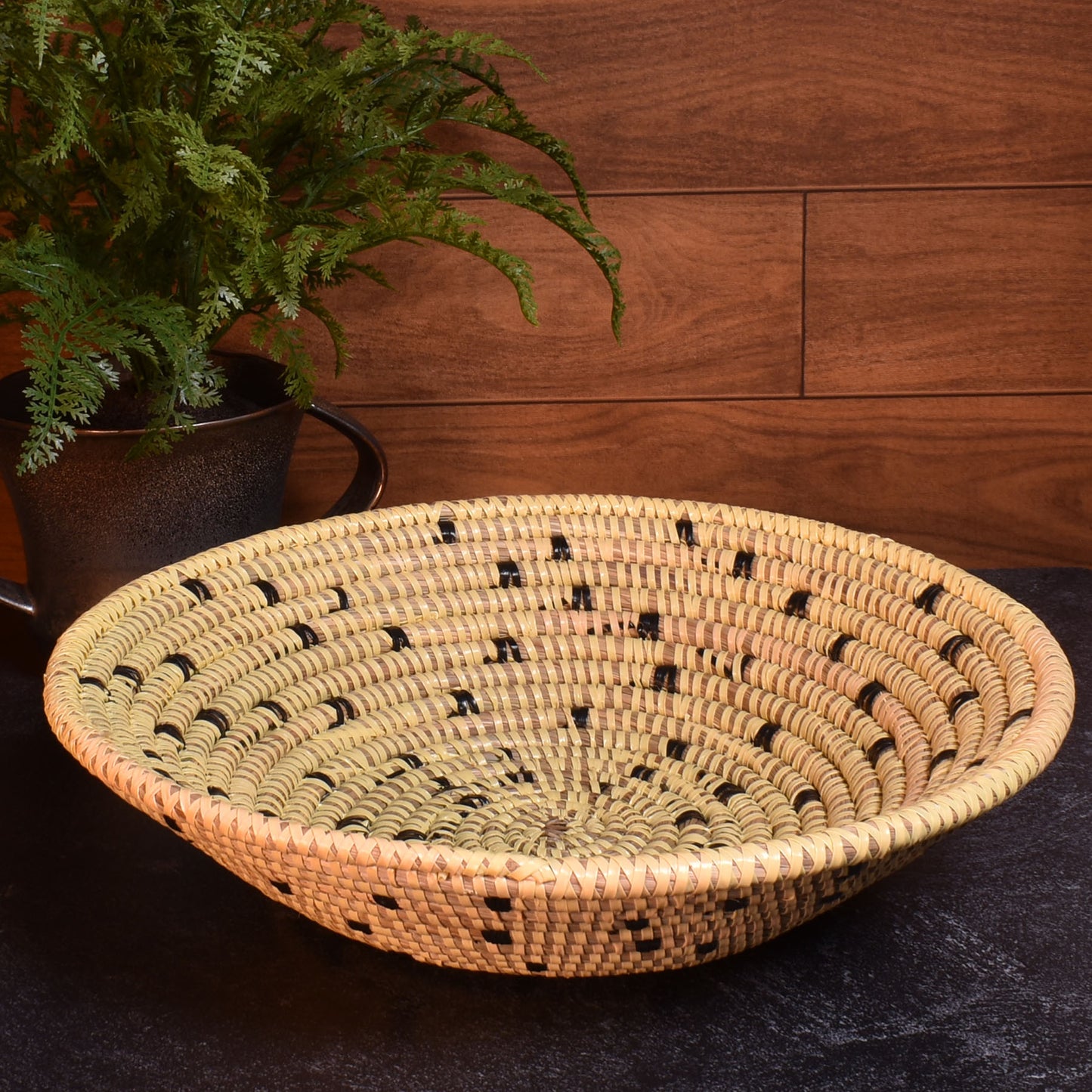 African Fair Trade Round Basket, Cream with Black Dots