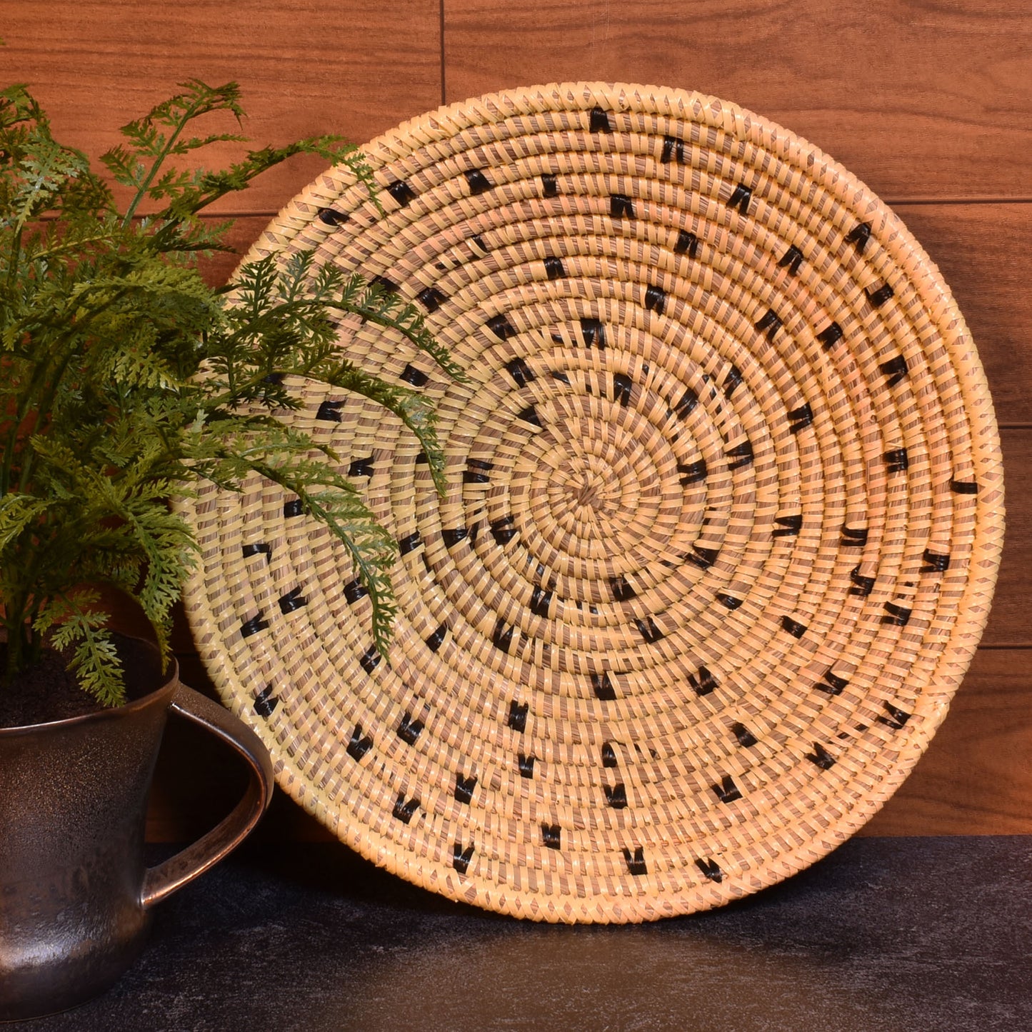 African Fair Trade Round Basket, Cream with Black Dots