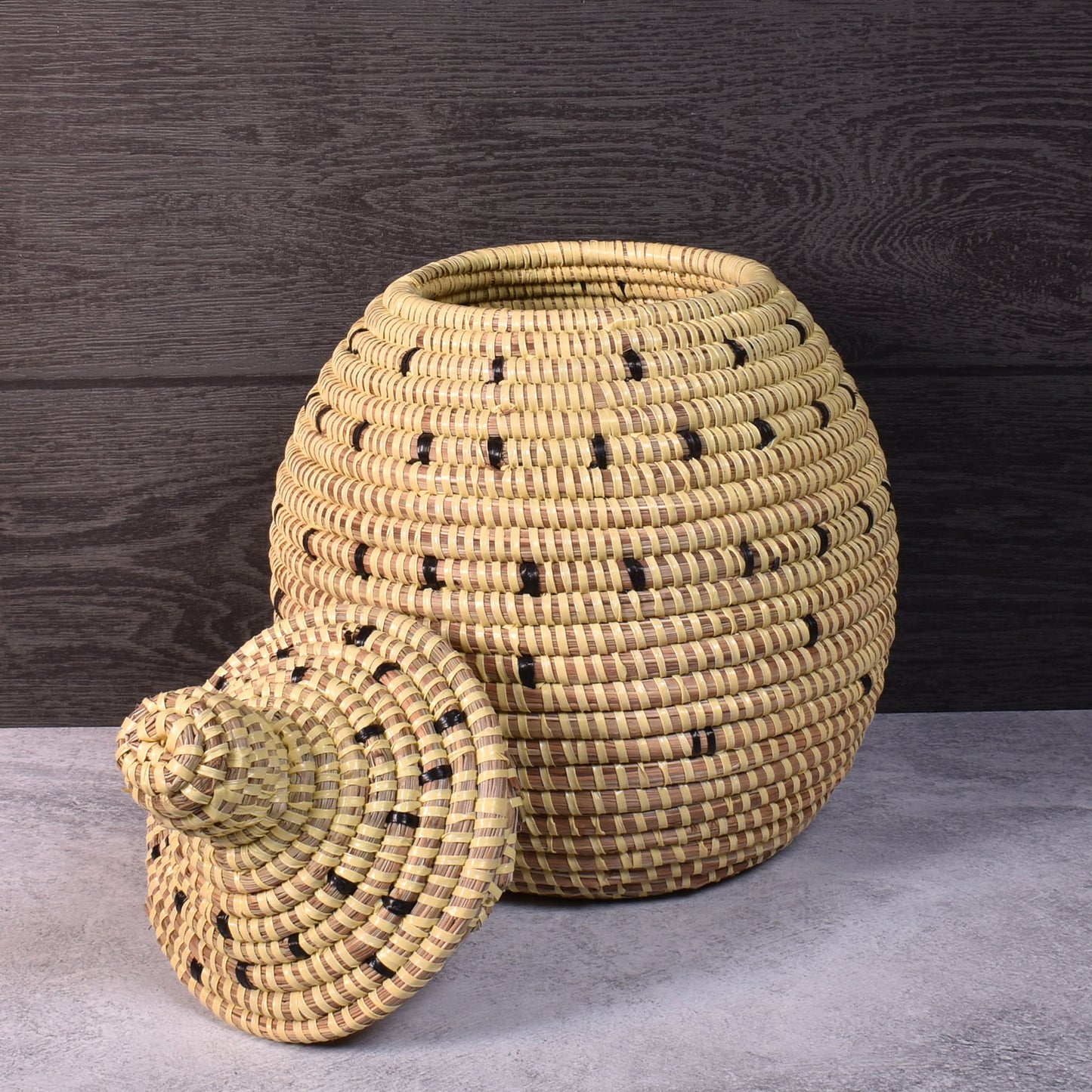 African Fair Trade Handwoven Gourd Basket, Cream with Black Dots
