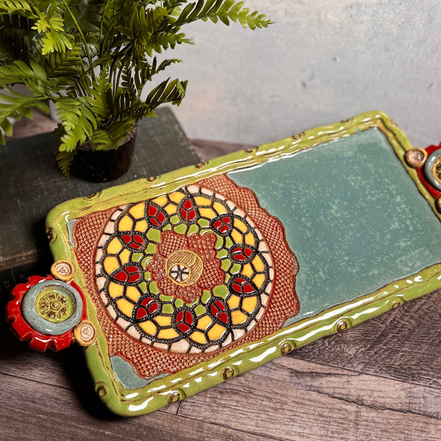 Grammy Beth Button Handle Tray, Handmade American Pottery by Laurie Pollpeter Eskenazi