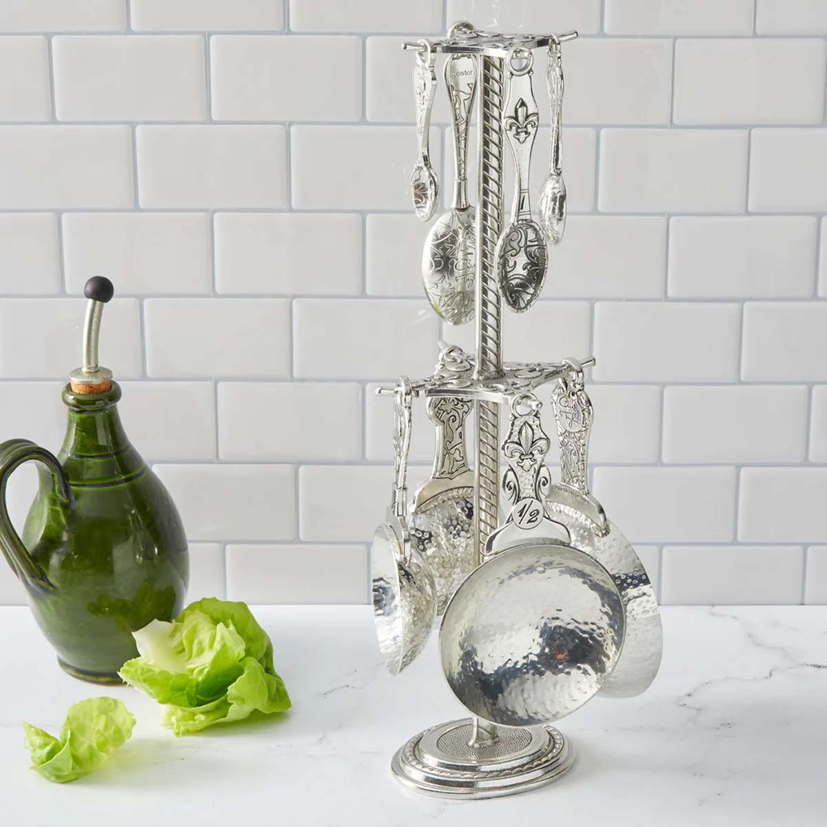Crosby & Taylor Fleur de Lys Artisan Pewter Measuring Cups and Spoons with Display Post, 9-piece Set, Handmade in the USA