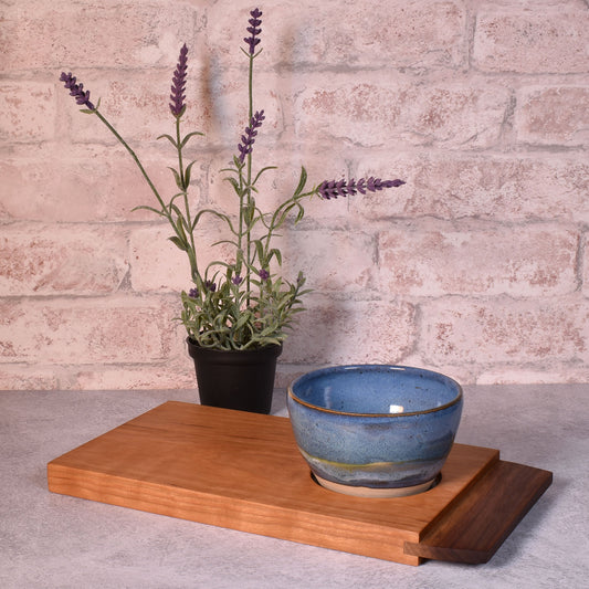 Pastry & Coffee Appalachian Cherry and Walnut Wood Serving Board with Blue Artisan Pottery Bowl