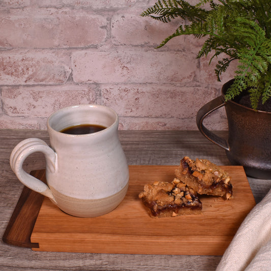 Pastry & Coffee Appalachian Cherry and Walnut Wood Serving Board with White Artisan Pottery Mug