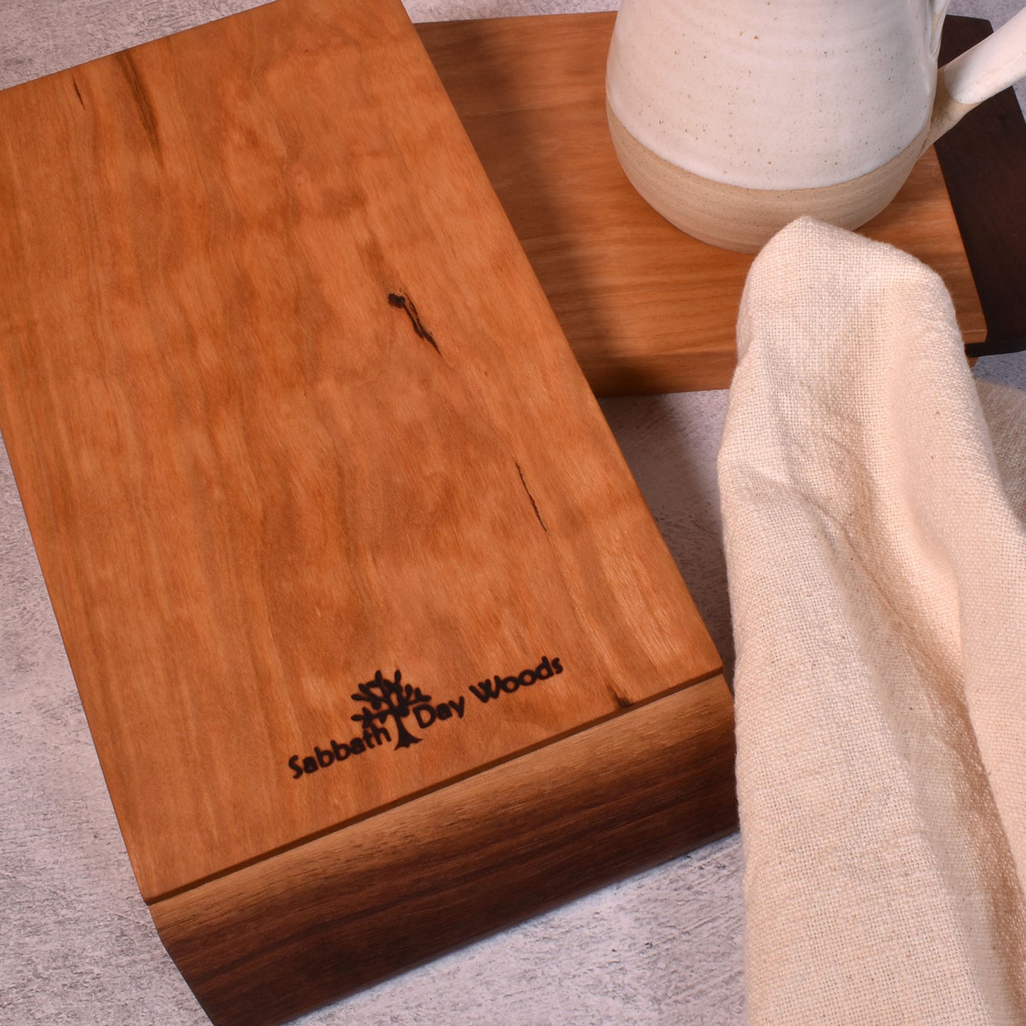 Pastry & Coffee Appalachian Cherry and Walnut Wood Serving Board with White Artisan Pottery Bowl