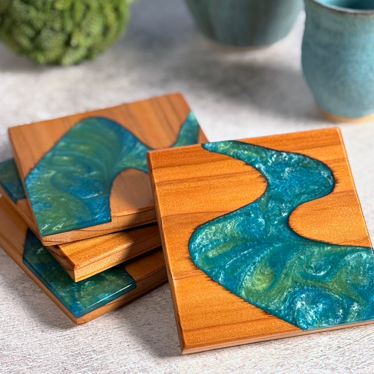 River American Handmade Wood and Resin Coasters, Set of 4