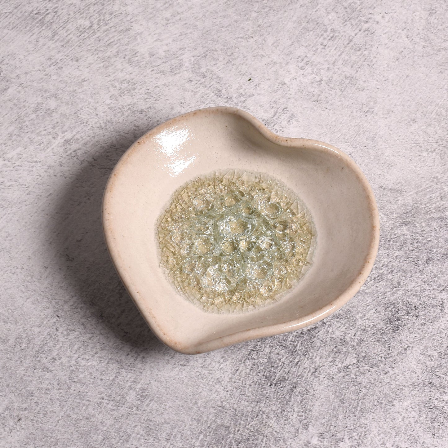 Heart-Shaped Ring Trinket Dish with Crackled Glass by Dock 6 Pottery, White