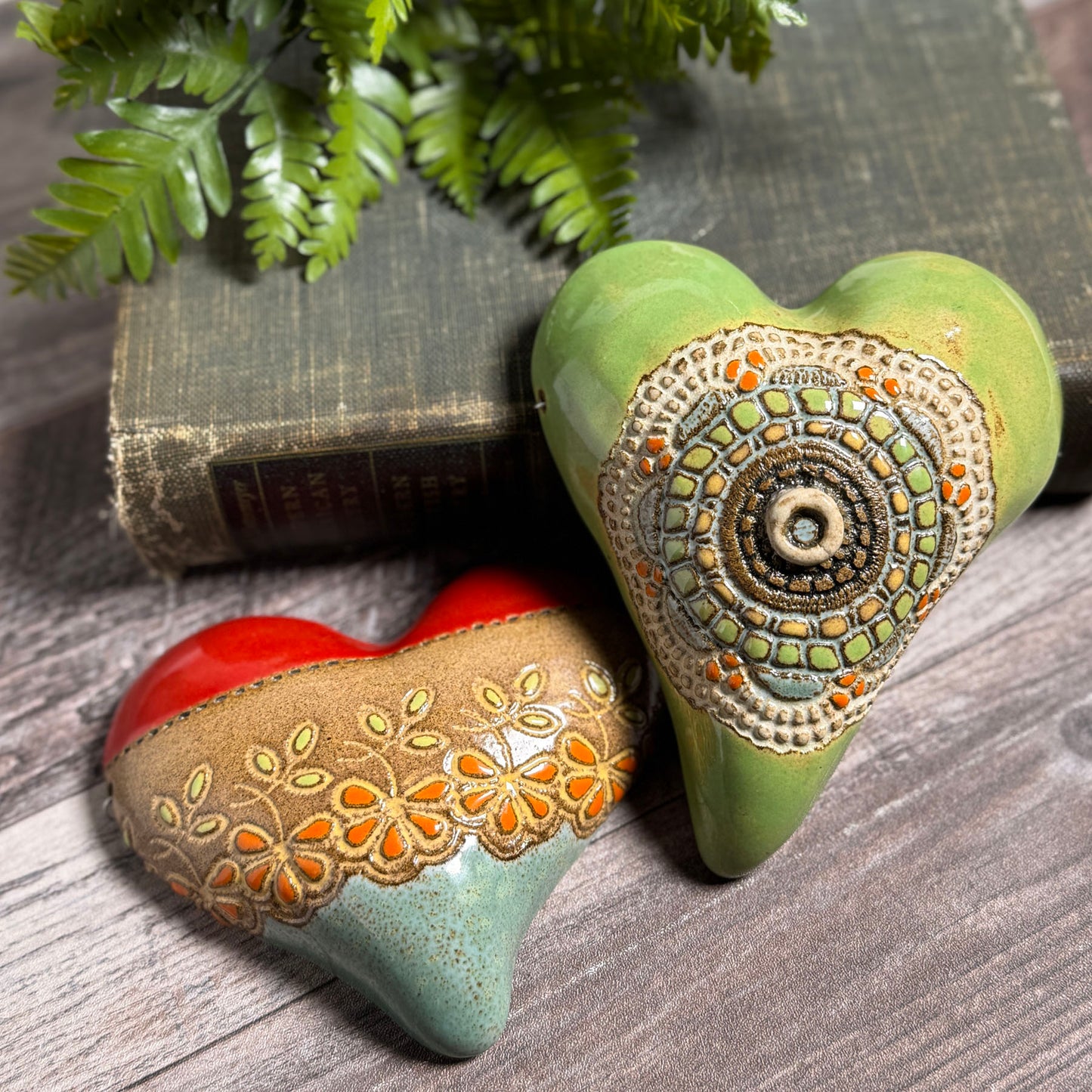 Flower Girl Small Ceramic Heart Wall Plaque by Laurie Pollpeter Eskenazi, Green, Handmade American Pottery