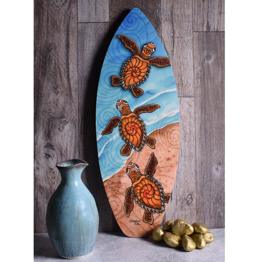 Baby Sea Turtles 18" Mini Surfboard Wall Plaque by Stephanie Kiker