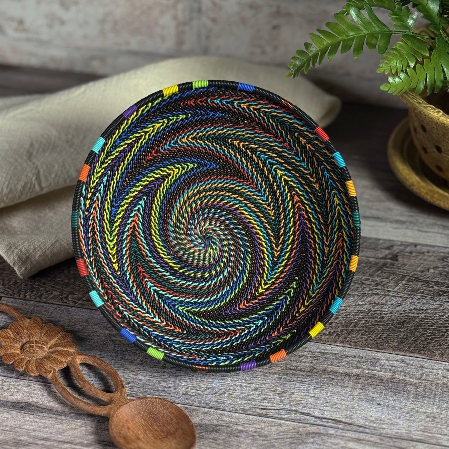 Fair Trade Zulu Handwoven Telephone Wire 6.5" Round Basket (Each One Varies), Intricate Patterns, African Rainbow