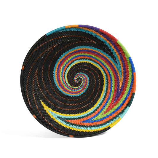 African Fair Trade Zulu Telephone Wire 9" Platter Basket, Each One Unique, African Rainbow Colorway