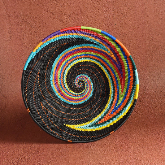 African Fair Trade Zulu Telephone Wire 9" Platter Basket, Each One Unique, African Rainbow Colorway