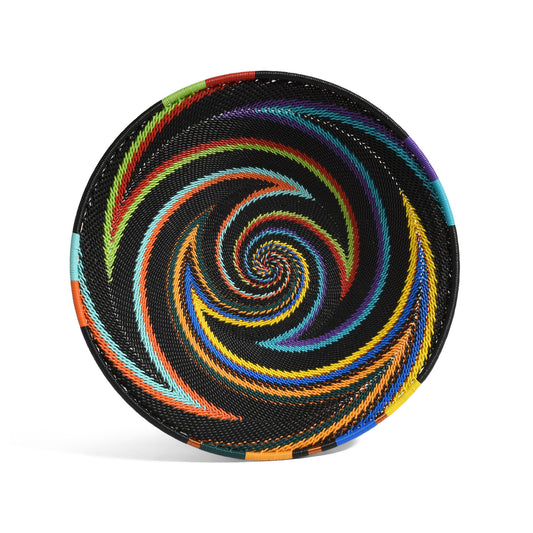 African Fair Trade Zulu Telephone Wire 9" Platter Basket, Each One Unique, African Rainbow Colorway